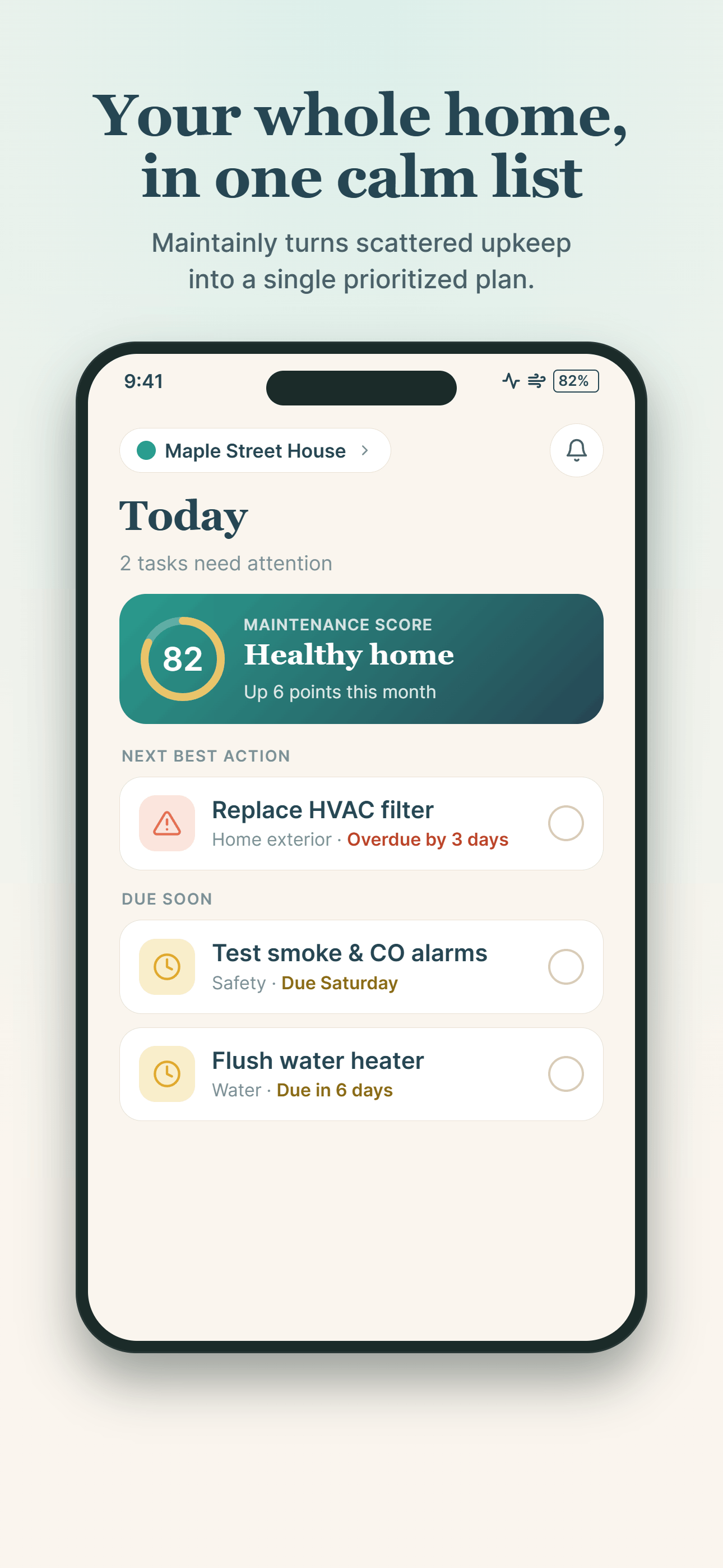 Maintainly Today screen showing the maintenance score and prioritized tasks