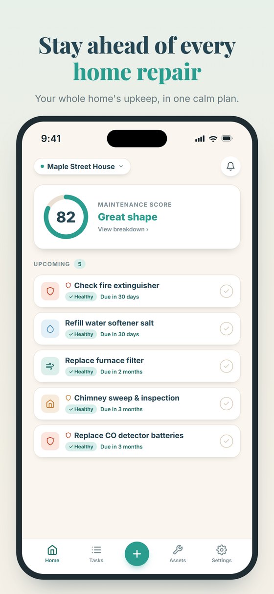 Maintainly home screen with the Maintenance Score and prioritized tasks